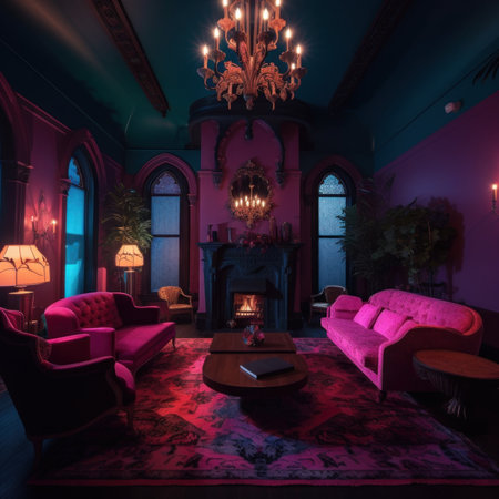 A living room filled with furniture and a chandelier. AI generative image.の素材