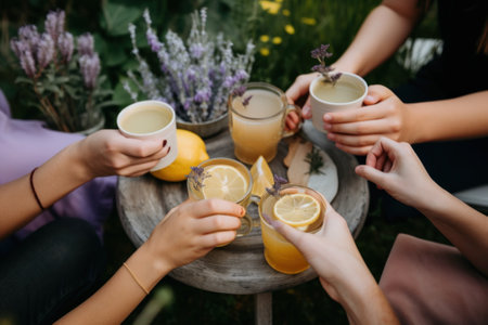 A group of people sitting around a table with drinks. AI generative image.の素材