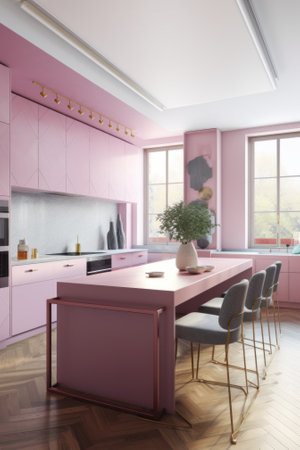 A kitchen with pink cabinets and a wooden floor. AI generative image.の素材