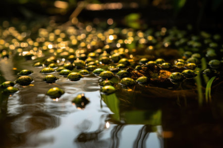 A pond filled with lots of green apples. AI generative image.の素材