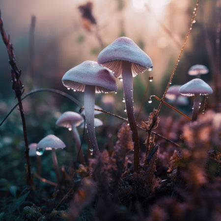 A group of mushrooms sitting on top of a lush green field. AI generative image.の素材