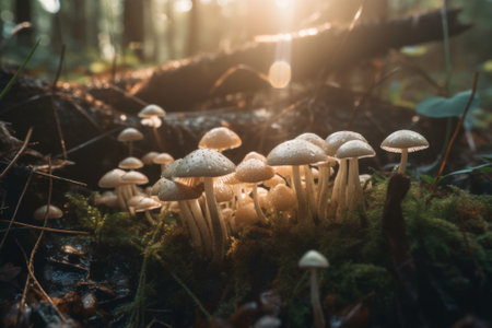 A group of mushrooms sitting on top of a lush green forest. AI generative image.の素材