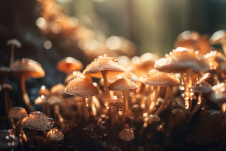 A group of mushrooms sitting on top of a lush green field. AI generative image.の素材