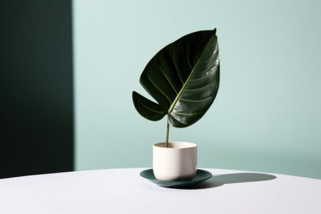 A potted plant sitting on top of a white table. AI generative image.の素材