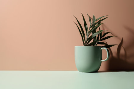 A green cup with a plant in it on a table. AI generative image.の素材
