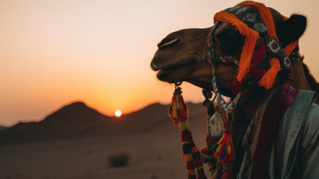 A camel wearing a colorful headdress in the desert. AI generative image.の素材