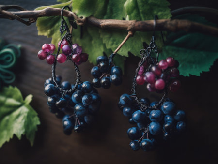 An earring set made of grape clusters on a table. AI generative image.の素材