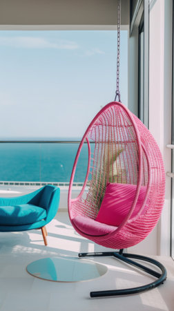 A pink hanging chair in front of a large window. AI generative image.の素材