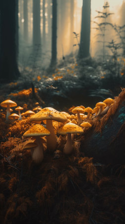 A group of mushrooms sitting on top of a forest floor. AI generative image.の素材