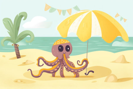 An octopus sitting under an umbrella on a beach. AI generative image.の素材