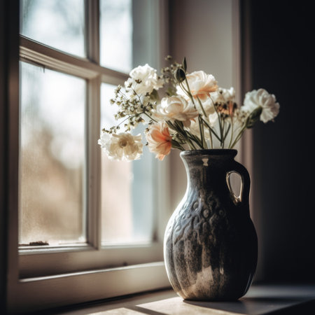 A vase of flowers sitting on a window sill. AI generative image.の素材