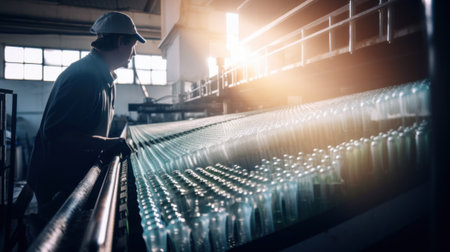 A man standing in front of a conveyor belt. AI generative image.の素材