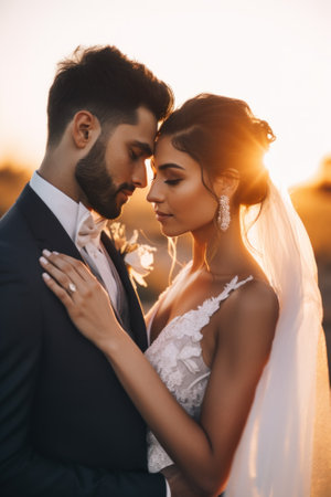 A bride and groom standing close together in a field. AI generative image.の素材