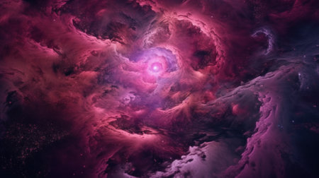 A purple and red nebula with a star in the center. AI generative image.の素材