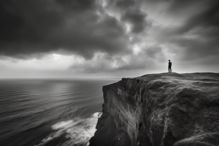 A person standing on a cliff overlooking the ocean. AI generative image.の素材