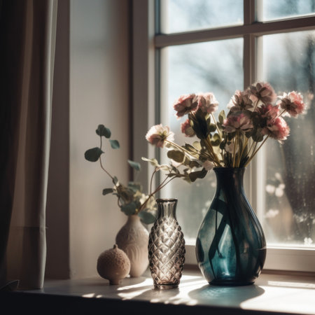 A couple of vases that are on a window sill. AI generative image.の素材