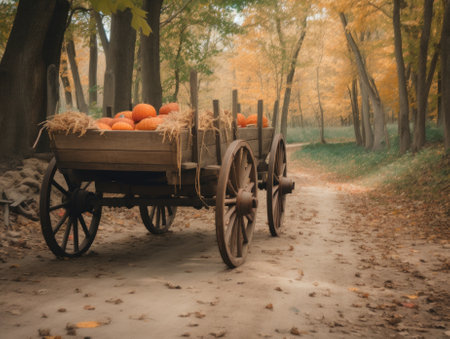 A wagon filled with pumpkins on a dirt road. AI generative image.の素材