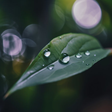 A green leaf with water droplets on it. AI generative image.の素材