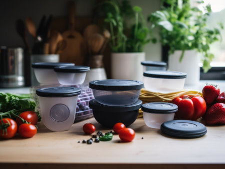 A kitchen counter topped with lots of different types of food. AI generative image.の素材