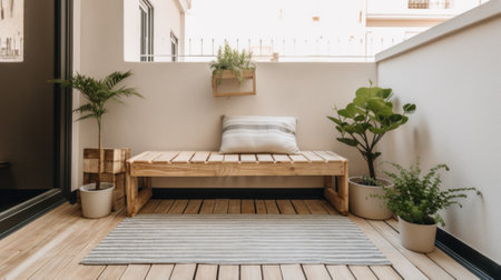 A wooden bench sitting on top of a wooden floor. AI generative image.の素材