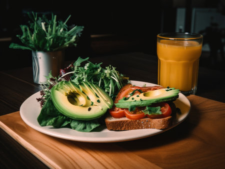 A sandwich with avocado, tomato and lettuce on a plate next to a glass of orange juice. AI generative image.の素材