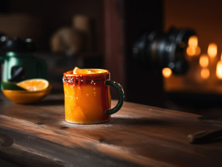 A cup of orange juice sitting on a table. AI generative image.の素材