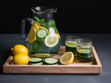 A pitcher of lemonade and cucumbers on a tray. AI generative image.の素材