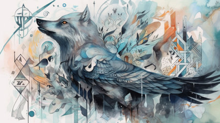 A painting of a wolf with a bird on its back. AI generative image.の素材
