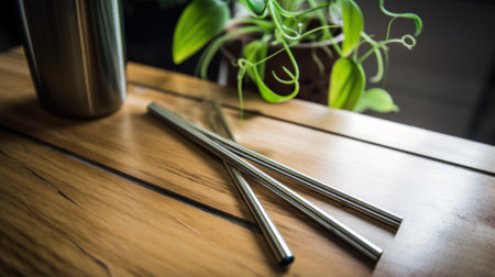 Three stainless steel straws sitting on a wooden table. AI generative image.の素材
