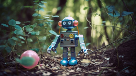 A toy robot standing in the middle of a forest. AI generative image.の素材