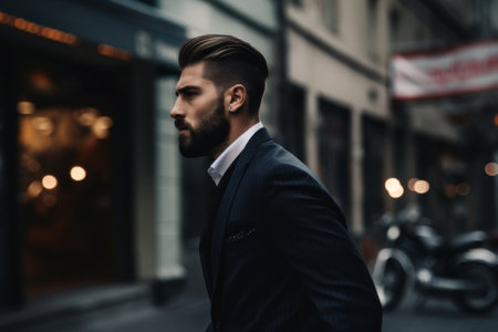 A man in a suit walking down a street. AI generative image.の素材