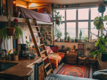 A room with a bunk bed and lots of plants. AI generative image.の素材