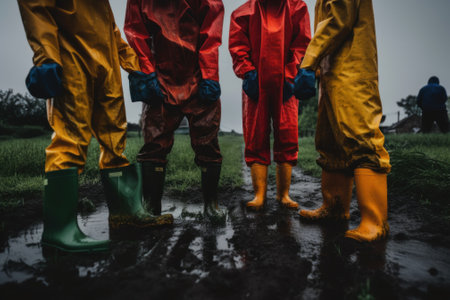 A group of people in yellow and red rain suits. AI generative image.の素材