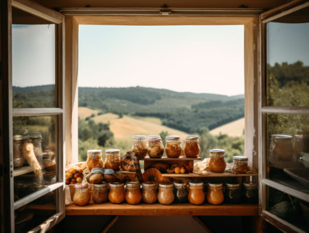 A window filled with lots of jars of food. AI generative image.の素材