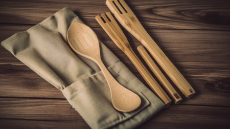A wooden spoon and two wooden spoons on a napkin. AI generative image.の素材