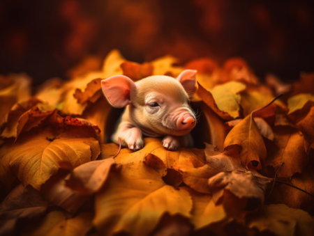 A small pig laying on top of a pile of leaves. AI generative image.の素材