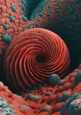 A close up of a cell with a spiral inside of it. AI generative image. Surreal dreamlike picture.の素材