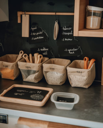 A kitchen counter with a chalk board and baskets on it. AI generative image.の素材