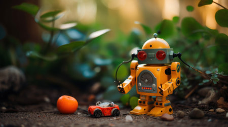 A toy robot next to an orange on the ground. AI generative image.の素材