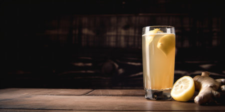 A glass of lemonade with a slice of lemon next to it. AI generative image.の素材