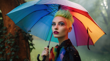 A woman with colorful hair holding an umbrella. AI generative image.の素材