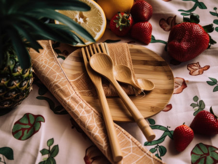 A wooden plate topped with strawberries next to a pineapple. AI generative image.の素材