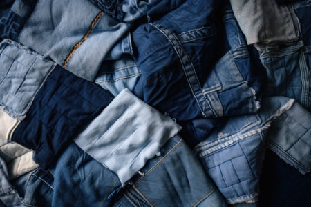 Patchwork quilt made of blue jeans sitting on top of a bed. AI generative image.の素材