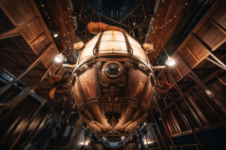 A large light hanging from the ceiling of a building. AI generative image.の素材