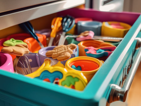 A drawer filled with toys and kitchen utensils. AI generative image.の素材