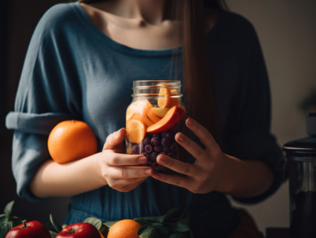 A woman holding a glass filled with fruit. AI generative image.の素材