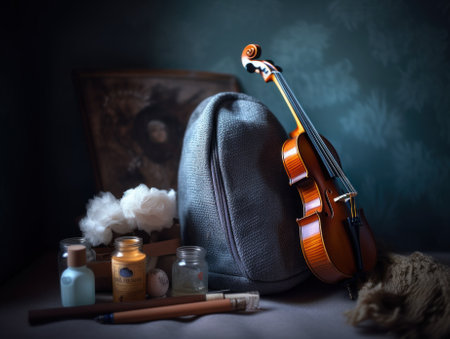A violin sits on a table next to a candle. AI generative image.の素材