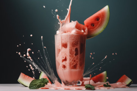 A glass filled with watermelon and a slice of watermelon. AI generative image.の素材