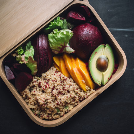 A wooden box filled with lots of food. AI generative image.の素材