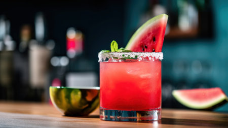 A watermelon drink with a slice of watermelon on the rim. AI generative image.の素材